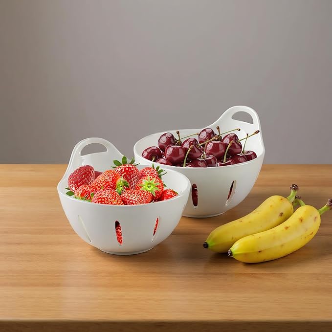 Ceramic Berry Basket,5.9 inch Fruit Bowl,Round Berry Colander with Holes & Handle,Small Fruit Basket for Kitchen Counter,Cute Containers for Berries, Strawberry, Grape, Cherry,Set of 2