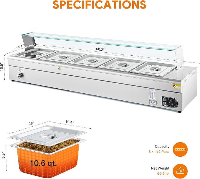 WILPREP 5-Pan Commercial Food Warmer with Sneeze Guard, Five 1/2 Pans, 1500W Countertop Electric Steam Table, 86-185°F Adjustable Temp Control, Stainless Steel Buffet Bain Marie