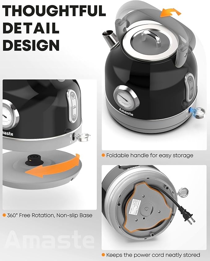 Amaste Electric Kettle, Retro Electric Tea Kettle With Thermometer, 57 Oz Hot Water Kettle For Coffee & Tea, 304 Stainless Steel, 1500w Fast Boiling, Auto Shut-Off & Boil Dry Protection, Black