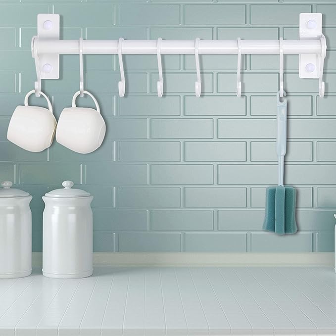 Dseap Kitchen Utensil Holder Hanger, Pot and Pan Rack Wall Mounted, Kitchen Rail with 8 Hooks for Hanging Cooking Utensils, Mugs, Spoons, Wall Mounted, White