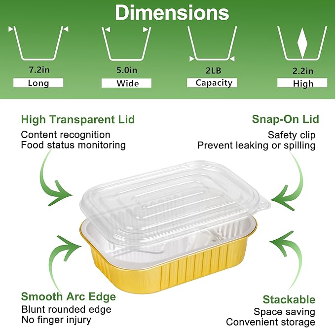 7.2"×5"×2.2" - 40 Pack 2 LB/32oz Gold Aluminum Foil Pans with Lids Heavy Duty, Foil Food Containers with Lids, Tin Foil Pans for Baking, Meal Prep, Freezer, Heating and Takeout