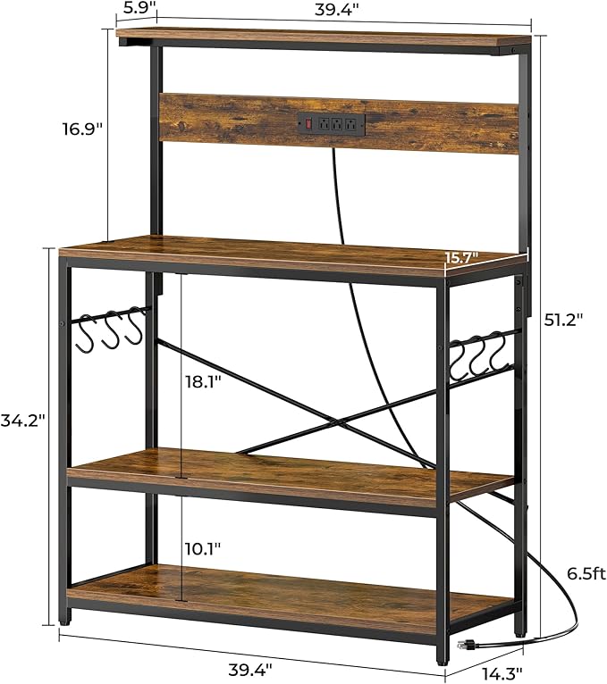 SUPERJARE Bakers Rack with Power Outlets, Microwave Stand, 39.4 X 14.3 Inch Larger Desktop, Kitchen Storage Rack with Adjustable Middle Shelf, 6 S-Shaped Hooks, Coffee Bar Stand, Rustic Brown