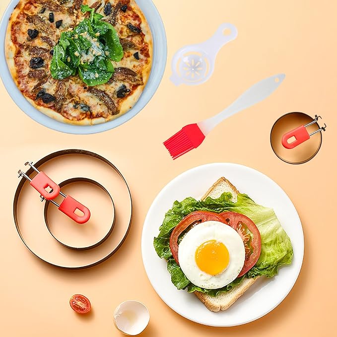 Stainless Steel Pancake Omelet Egg Ring Set, 4/6/8 Inch Round Egg Cooker Rings, Non-Stick, Foldable Handle, Dishwasher Safe