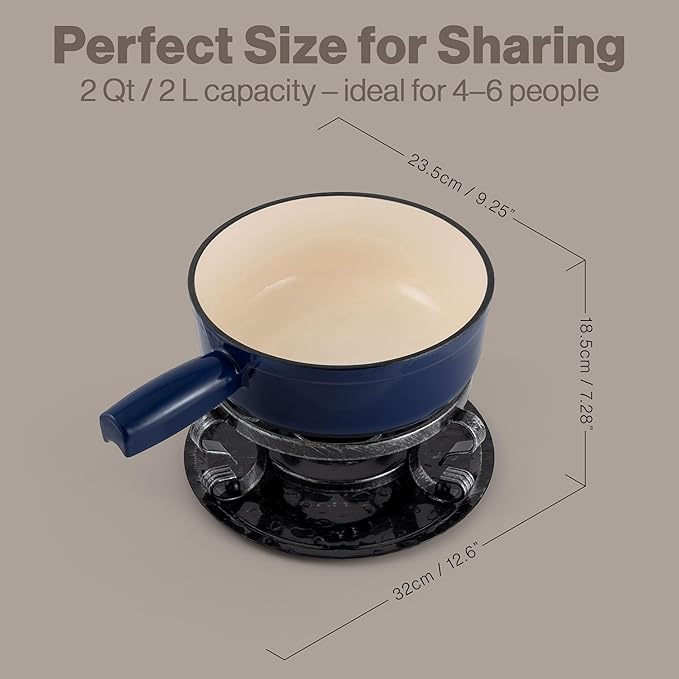 Swissmar Lugano Cast Iron Cheese Fondue Set, 9-Piece, 2 QT / 2 L - Ideal for Melting Cheese, Chocolates, Caramel, & More - Perfect for Kitchen Collection & Gift Giving - Deep Blue
