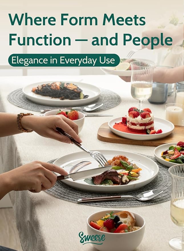 Sweese 10 Inch Porcelain Dinner Plates, White, Set of 6 - Microwave, Oven, Dishwasher Safe, Scratch-Resistant