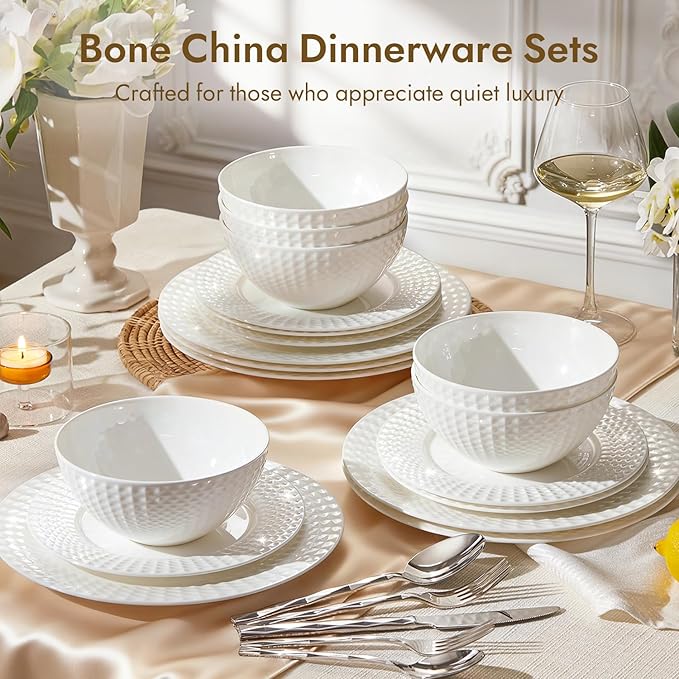 KINGSTONE Bone China Dinnerware Set, 18-Piece White Lightweight Porcelain for 6, Plates and Bowls with Rhombus patterned edge design, Microwave and Dishwasher Safe, for Family, Restaurant, Gifting