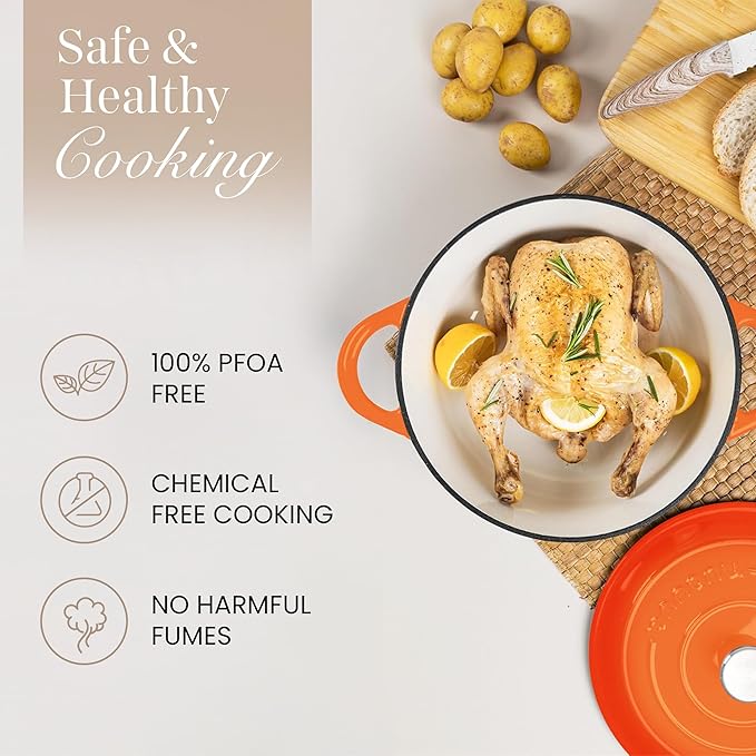 Nuovva Enamelled Cast Iron Dutch Oven Pot with Lid – 6.4 Quart Non Stick Casserole Pot – Heavy Duty & Oven Safe up to 500° F for Bread Baking, Braising, Stews, Roasting – 28cm Orange