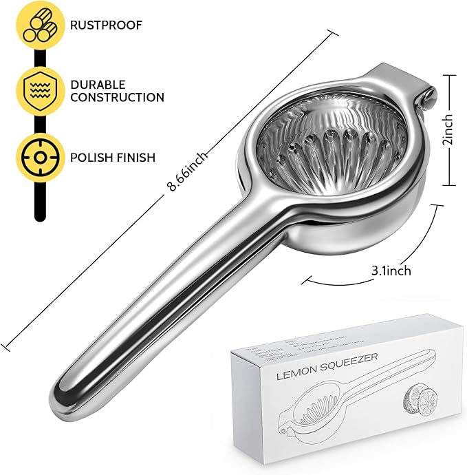 Lemon Squeezer, Sopito Lemon Juicer Stainless Steel Lime Squeezer Heavy Duty with Large Metal Lemon Juicer Squeezer Bowl for Seedless Juicing, Non-Slip Grip Design Lemon Squeezer Manual