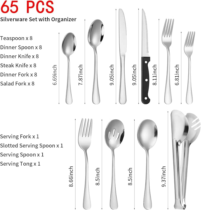 65PCS Silverware Set for 8 with Flatware Drawer Organizer, Stainless Steel Cutlery Set with Steak Knives, Include Spoons and Forks Set & Serving Utensils, Mirror Polished, Silver