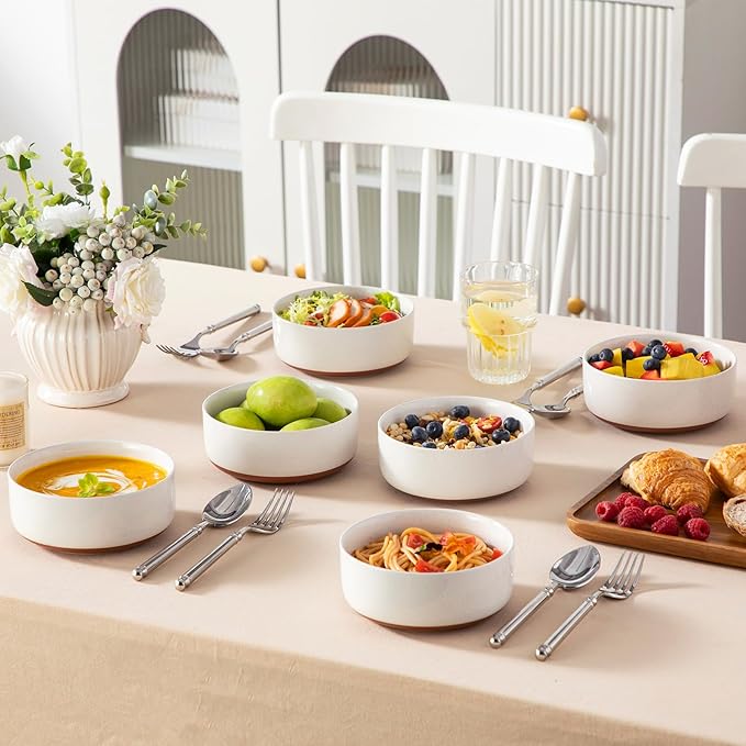 MALACASA Cereal Bowls Set of 6, 24 OZ Ceramic Bowls for Kitchen, Soup Bowl Breakfast Bowls, Dishwasher Microwave Safe, Khaki White, Series TARA