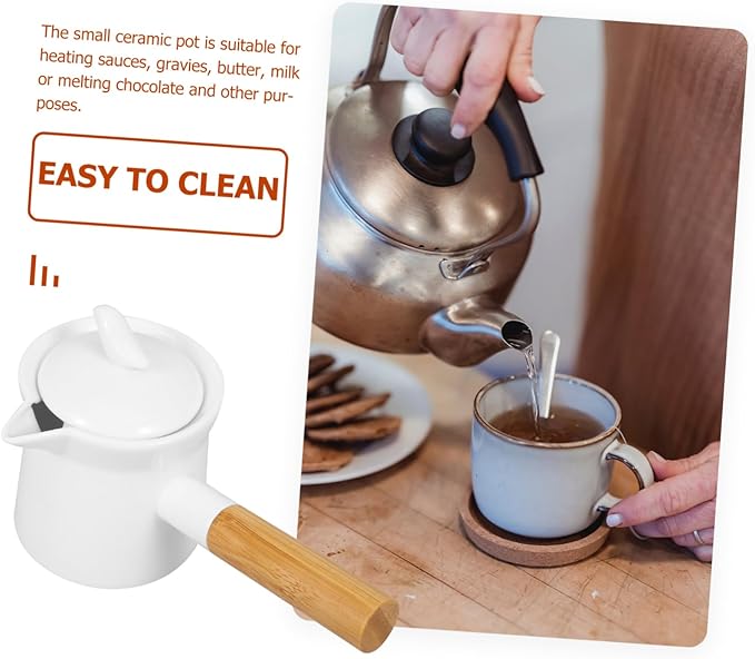 Ceramic Milk Pot with Wooden Handle 350Ml Mini Butter Warmer for Sauces Cream and Milk Ideal for Home Use