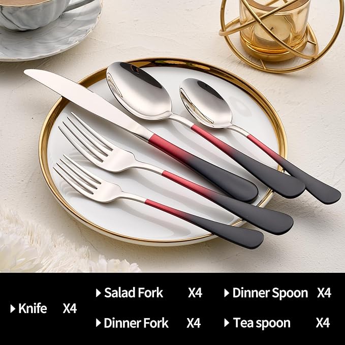 20-Pieces Black Red Silverware Sets for 4,Black Red Handle Stainless Steel Cutlery Set, Include Forks Spoons and Knives Set, Dishwasher Safe Utensil Sets for Home Restaurant