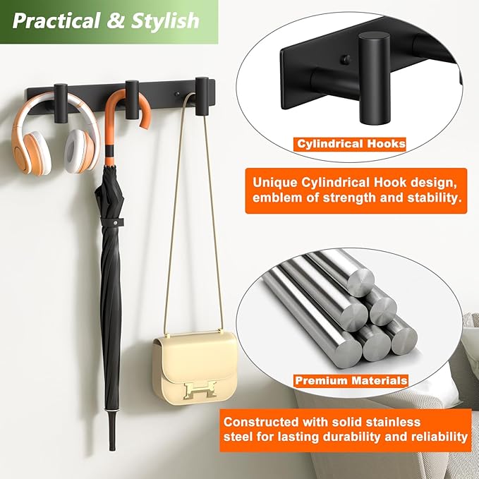 Coat Rack Wall Mounted with 3 Hooks,Heavy Duty Wall Hooks for Hanging Towel Coat Hat Bag, Metal Coat Hooks Hat Rack Coat Hanger Towel Hooks for Entryway Bathroom Kitchen (Black, 2 Packs)