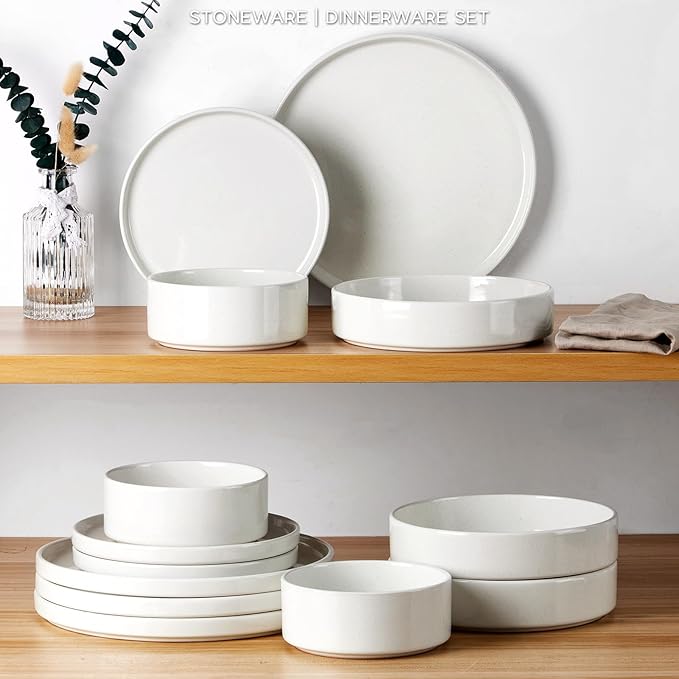 Stoneware Dinnerware Sets for 4 with Pasta Bowl, Onader 16 Piece Plates and Bowls Dish Set, Speckled Kitchen Dishware Dining Ware, Microwave & Dishwasher Safe - Cloud White
