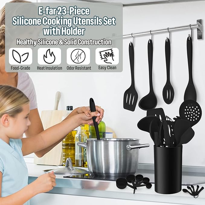 Silicone Kitchen Utensils Set, E-far 23 Pcs Black Cooking Utensils Tools with Holder for Nonstick Cookware, Include Spatula/Spoon/Ladle/Tongs/Turner, Heat Resistant & Nontoxic, Dishwasher Safe