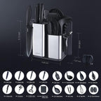 RAXCO Kitchen Utensils Set,18-Piece Cooking Tools and Sharp Knives,Stainless Steel Holder and Cutting Board