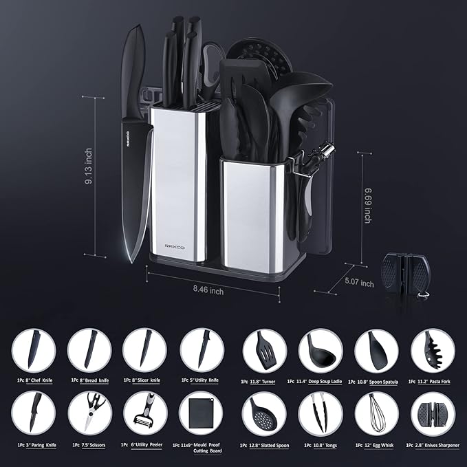 RAXCO Kitchen Utensils Set,18-Piece Cooking Tools and Sharp Knives,Stainless Steel Holder and Cutting Board