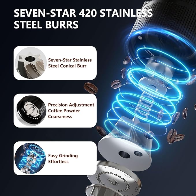 Manual Coffee Grinder with Adjustable Grind Setting - Steel Burr Hand Grinder for Espresso, French Press, Pour Over - Portable Coffee Bean Grinder for Travel, Office