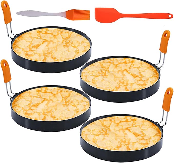 4 Packs 6 Inch Pancake Ring for Griddle, 6"Omelette Ring for Griddle, Non-stick Stainless Steel Pancake Egg Ring Omelet Mold Pancake Mold Cake Mold Crumpet Circle Silicone Handle Spatula & Oil Brush