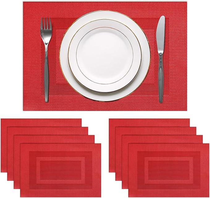 PIGCHCY Placemats Set of 8 Washable Durable Place Mats Vinyl Heat Resistant Non-Slip Table Mats Indoor Outdoor (Passionate Red)