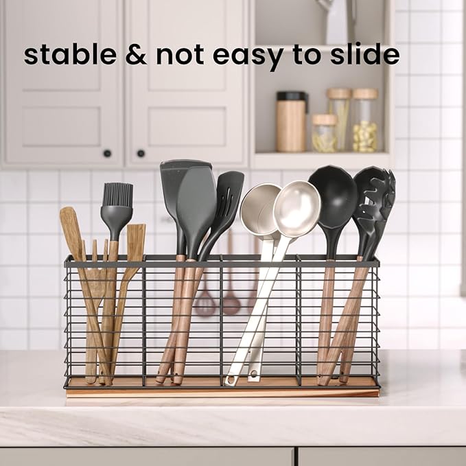 Extra Large Kitchen Utensil Holder with 4 Compartments,Metal Utensil Organizer with Acacia Wood Base for Kitchen Countertop, Flatware Organizer for Silverware and Cooking Utensils Crocks