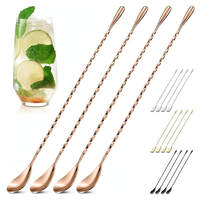 4 Pcs Bar Spoon Cocktail Mixing Spoon Set – Rose Gold Spoons with Elegant Twisted Spiral Handle, Good for Cocktails, Iced Tea, and Coffee Drinks – Durable Stylish Stainless Steel Stirring Spoons