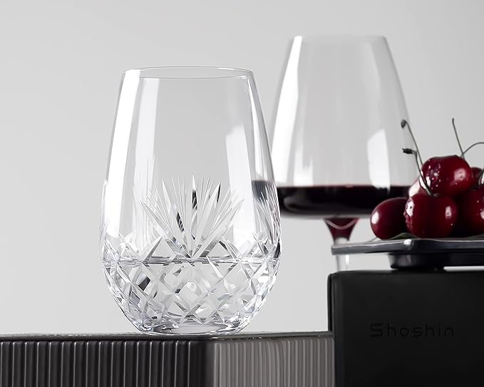 SHOSHIN - Hand Cut Stemless Wine Glass Set of 4, Large 18 oz Crystal Wine Glass, Wine Tumblers for Red and White Wine, Water Glasses, Drinking Glasses