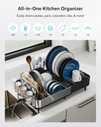 SUNLY Expandable Dish Drying Rack, Versatile Brackets for Pots & Pans, Space Saving Kitchen Drying Rack, Dish Racks for Kitchen Counter, Stainless Steel Dish Drainers with Extendable Spout, Black