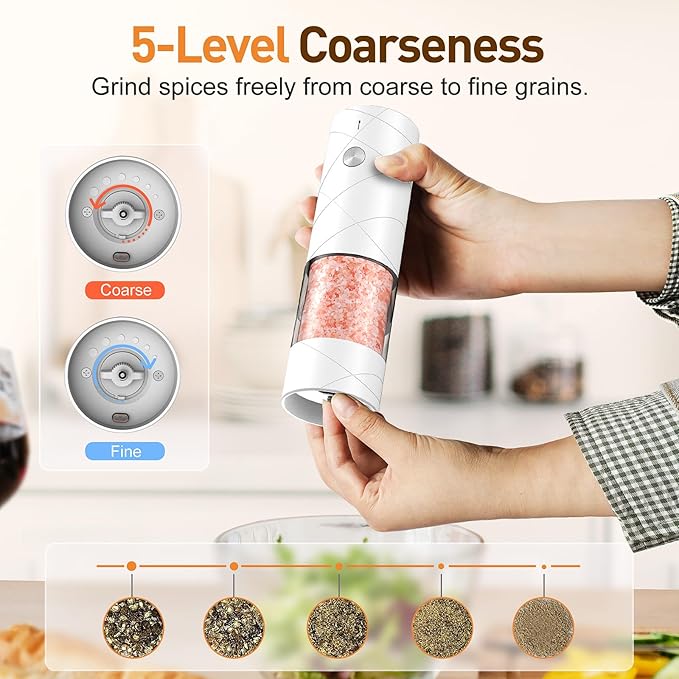 Electric Salt and Pepper Grinder Set, Rechargeable Automatic Pepper Mill Grinder with LED Light, Adjustable Coarseness shakers, One-Hand Operation for Kitchen(2 Pack, Upgrade White+White)