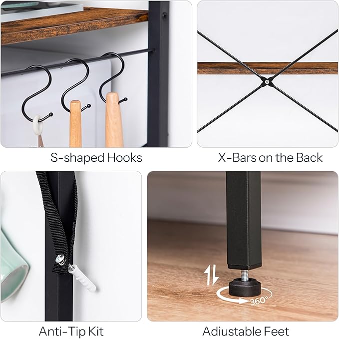 HOOBRO Kitchen Bakers Rack with Storage, 4 Tiers Coffee Bar Station, Microwave Stand with 8 S-Shaped Hooks, Kitchen Storage Shelf Rack for Small Spaces, Rustic Brown and Black BF04HB01