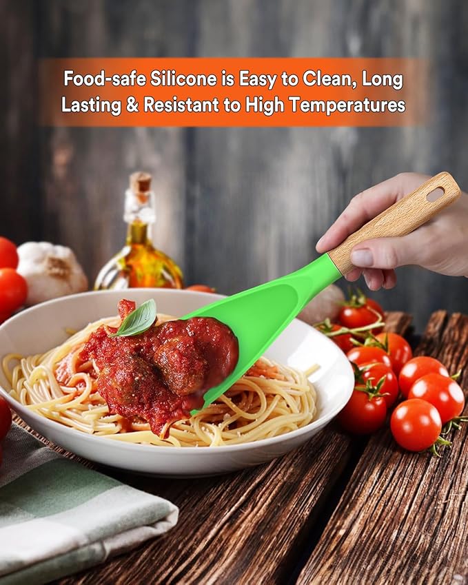 Cooking Spoon for Nonstick Cookwares, Great for Cooking and Serving Sturdy BPA-Free Matte Silicone, Wood Handle Spoon for Mixing, Scoop, and Scrape (Apple Green)