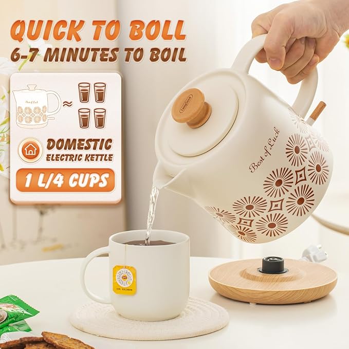Ceramic Electric Kettle 1 Quarts, Automatic Shut Off, Porcelain Teapot, Hot Water Electric Boiler with LED Light, Boil Dry Protection, Short Spout 1000W Rapid Boiling Water for Tea Coffee