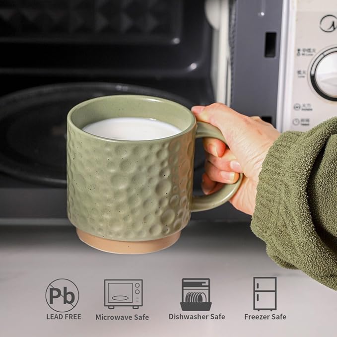 Nihow Ceramic Coffee Mug Set of 4, 16OZ Stackable Coffee Mug Set with Stainless Stand,Large Cup Set for Cappuccino,Tea,Hot/Cold Drinks,Dishwasher & Microwave Safe,Matte Green