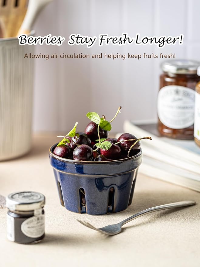 Gomakren Ceramic Berry Basket Set of 2, Round Fruit Bowl with Holes, Small Fruit Basket Containers for Kitchen Counter, Berries, Strawberry, Grape, Cherry - Cobalt Blue
