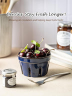 Gomakren Ceramic Berry Basket Set of 2, Round Fruit Bowl with Holes, Small Fruit Basket Containers for Kitchen Counter, Berries, Strawberry, Grape, Cherry - Cobalt Blue