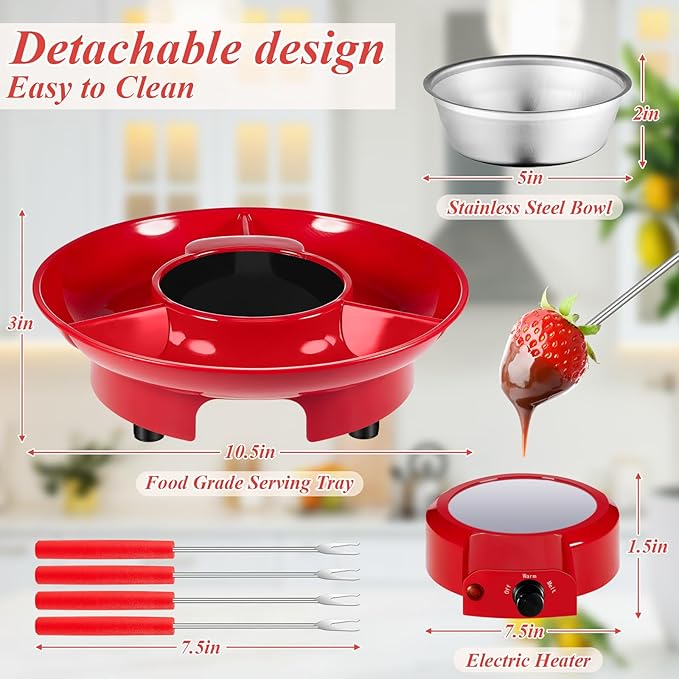 Lallisa Electric Fondue Pot Set, Chocolate Fondue Kit, Electric Fondue Maker, detachable Serving Trays with 4 Roasting Forks, gift Set for Date Night House Warming Melting Parties (Red)