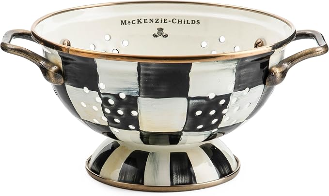 MACKENZIE-CHILDS Enamel Colander, Decorative Kitchen Strainer, Small, Black-and-White Courtly Check