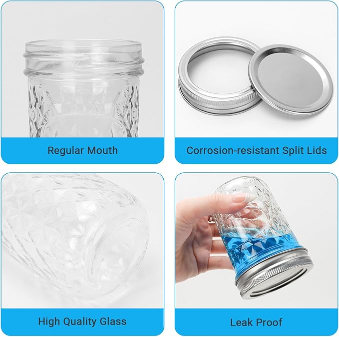 DHSBTLS Glass Regular Mouth Mason Jars, 15 Pack 8 oz Glass Canning Jars with Silver Aluminum Lids and Bands, Airtight Jars for Food Storage, Canning, Overnight Oats, Fermenting, Pickling, Decor