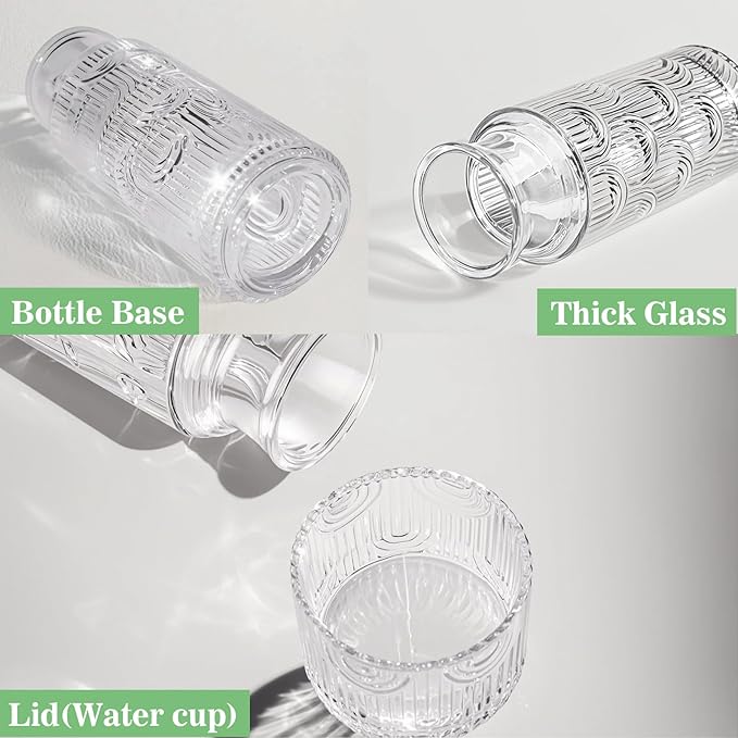 Bedside Water Carafe and Glass Set, 21.6oz Water Carafe with 6oz Glass Cup with Lid, Clear