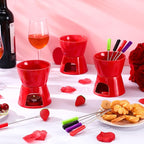 Mudder 6 Pieces Fondue Mug Ceramic Pot and 24 Pieces Forks Set for Melting Chocolate, Cheese, Broth or Tapas on Christmas Gift Valentine's Day(Red)