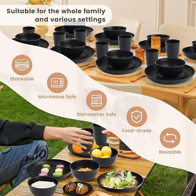 Homienly Wheat Straw Plates and Bowls Sets, Dishes Set for 8, Wheat Straw Dinnerware Set for Kitchen 32-Piece - Deep Plates Sets, Cereal Bowls with Drinking Cups, Microwave and Dishwasher Safe, Black