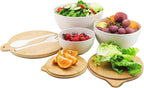 Salad Bowls Set of 3 with Seal Lid & Serving Utensils, Bamboo Fiber Mixing Bowls Set Large Serving Bowls & Storage Set with Bamboo Lid for Salad, Kitchen Eating, Pasta, Popcorn, Fruit, White