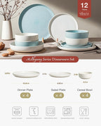 Famiware Milkyway Plates and Bowls Sets, 12 Pieces Dinnerware Sets, Reactive Glaze Dish Set, Stoneware Dishes Set for 4, Matte Beige White & Light Blue