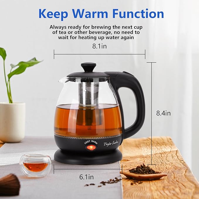Taylor Swoden Electric Kettle with Tea Infuser, 1L Small Electric Tea Kettle with Keep Warm, LED Light Hot Water Boiler & Heater for Coffee & Teas, Auto Shut-Off & Boil Dry Protection, BPA Free, Black