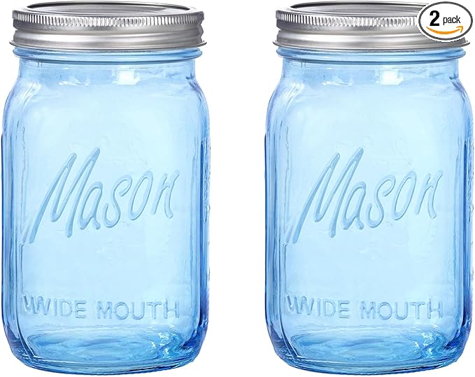 WELLIFE Wide Mouth Mason Jars,2 Pack Blue Mason Jars 32 OZ,Mason Jar for Decor Canning & DIY Crafts,Food Storage,Fermenting,Pickling,Meal Prep