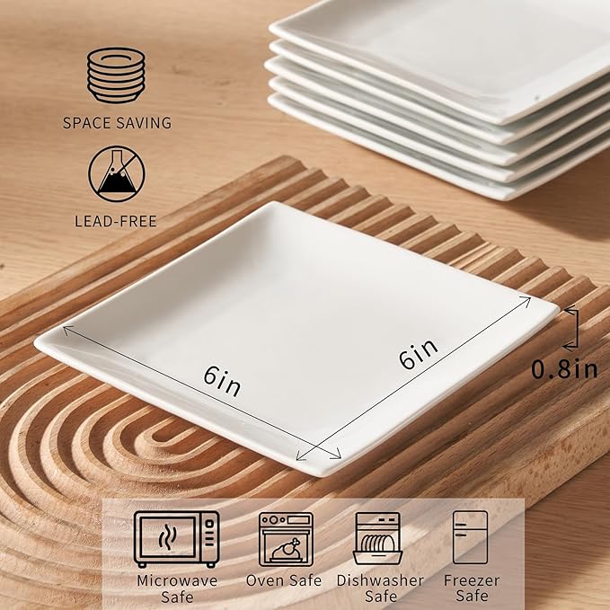 Appetizer Plates Set of 6, 6 Inch Porcelain Dessert Plates, White Stackable Square Salad Plates for Snack Steak Bread Butter, Chip and Scratch Resistant, Microwave and Dishwasher Safe