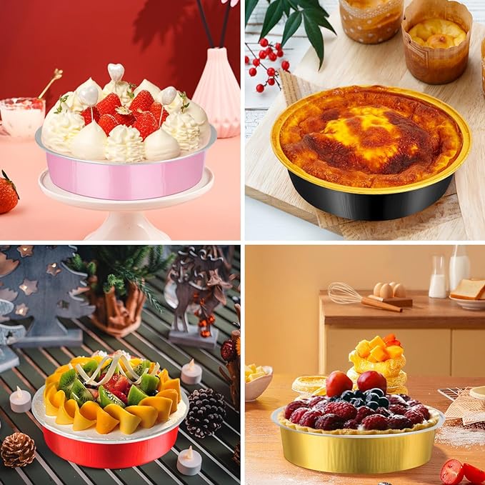 LNYZQUS 8oz Mini Cake Pans 4” Pie Tins with Lids 50 Pack, Disposable Aluminum Foil Baking Pans Dishes,Small Creme Brulee Tart Ramekins Individual Mini Pie Contaniers for Christmas-Red