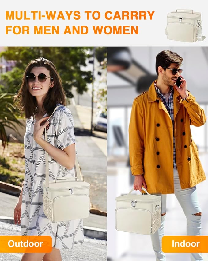 esouler Lunch Box for Women/Men Insulated Lunch Bag Large Capacity Reusable Lunch Tote Leak Proof Lunch Bags for Work Picnic, Beige