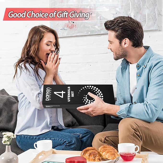 Pack of 4 Large Silicone Cooking Spatulas and Spoons, Slotted and Solid Stainless Steel Cooking Utensils Set, Non-stick Heat Resistant Kitchen for Baking, Fried, Stir-Fry, Mixing, Serving (Red)