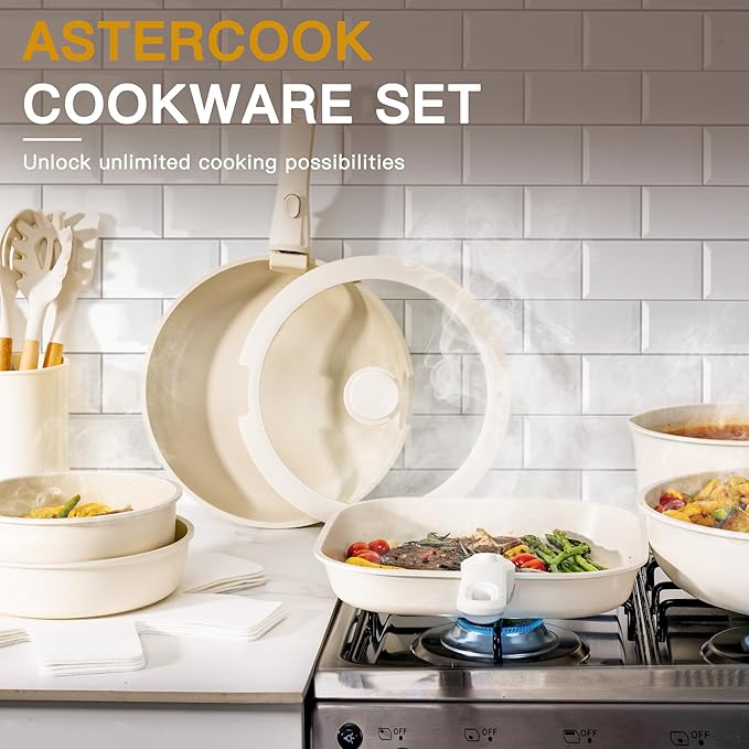 Astercook 23 Pcs Pots and Pans Non Stick Ceramic Cookware Set Detachable Handle, RV Stackable Kitchen Cooking Set Removable Handles, Oven Safe, Induction Ready, Cream White